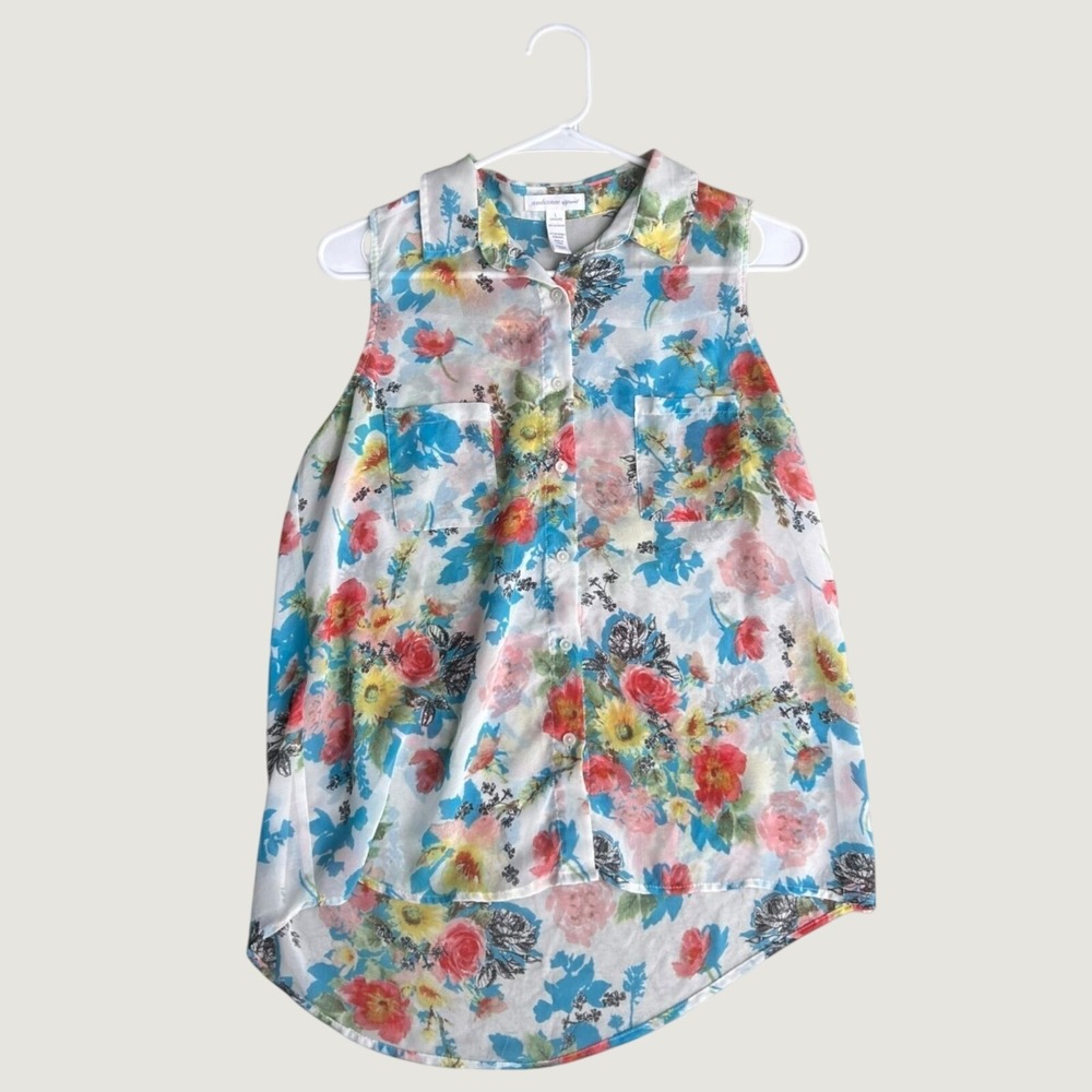 Ambiance Apparel Blouse Womens White Floral L Sleeveless Sheer Femninine Chic